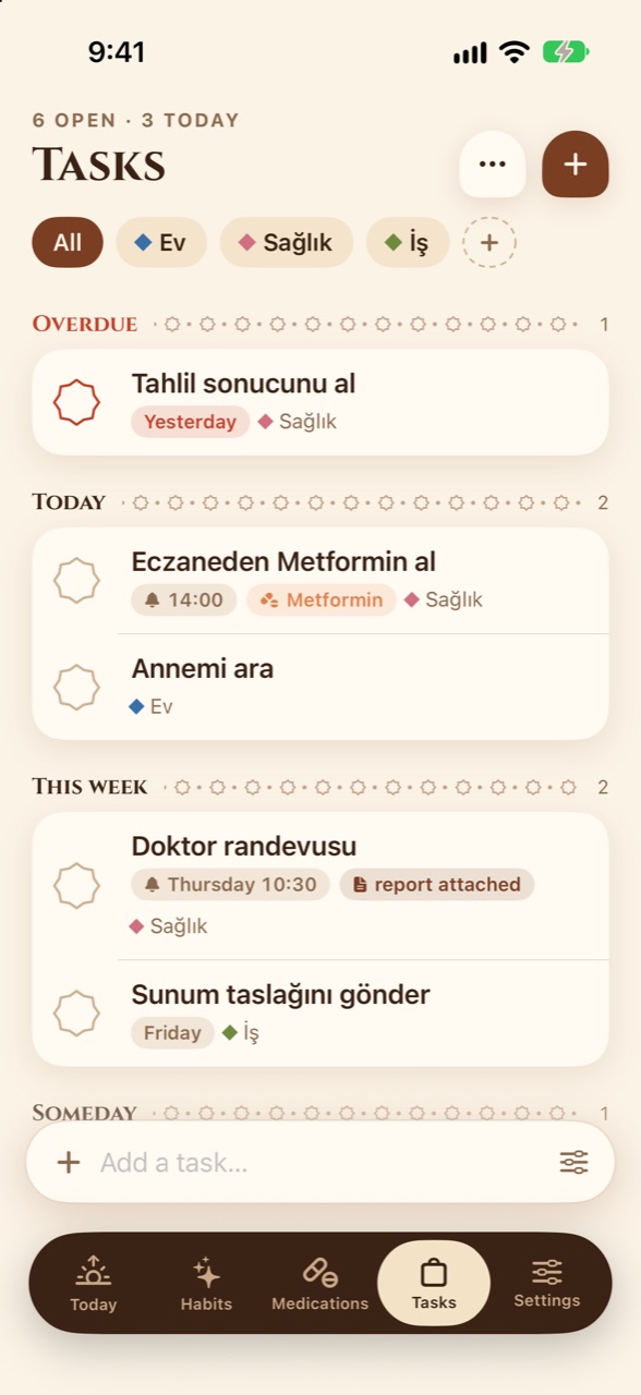 Tasks grouped by day, with quick add