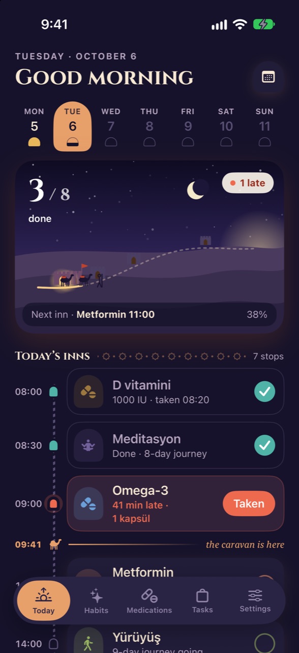 Today screen, dark theme