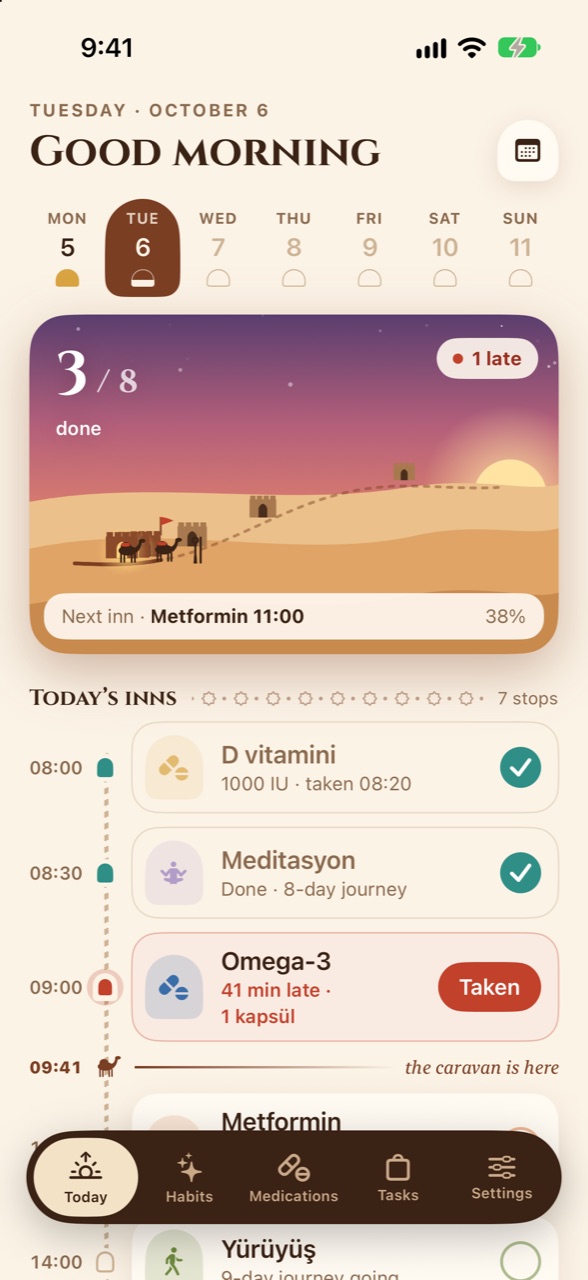 Dawnia Today screen: a caravan at dawn, the day’s doses and habits on a timeline.